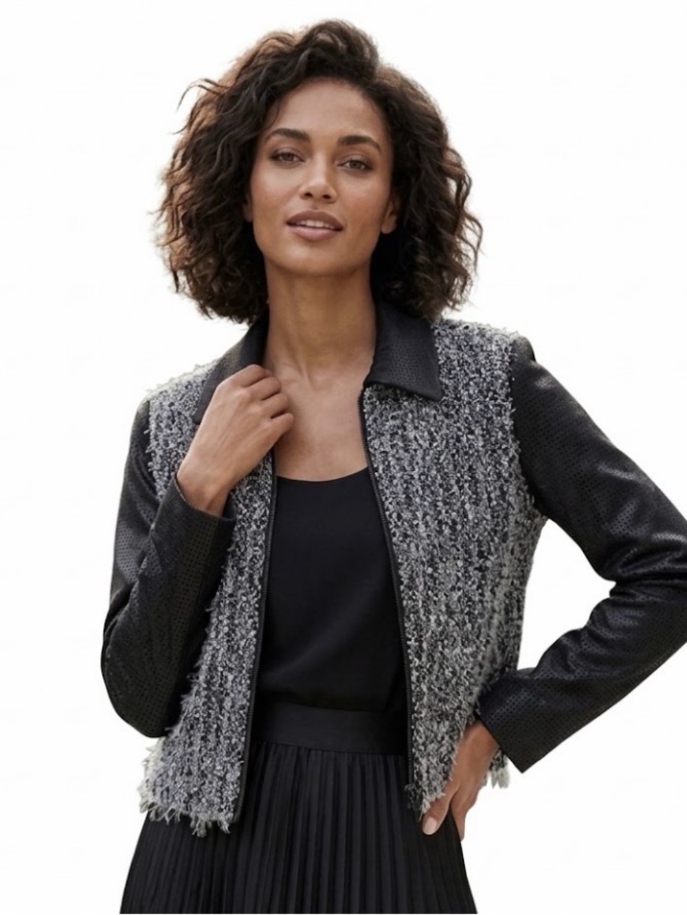 Lorizoni Women's Black/White Zip Front Jacket Lined Fringe Collar Size M